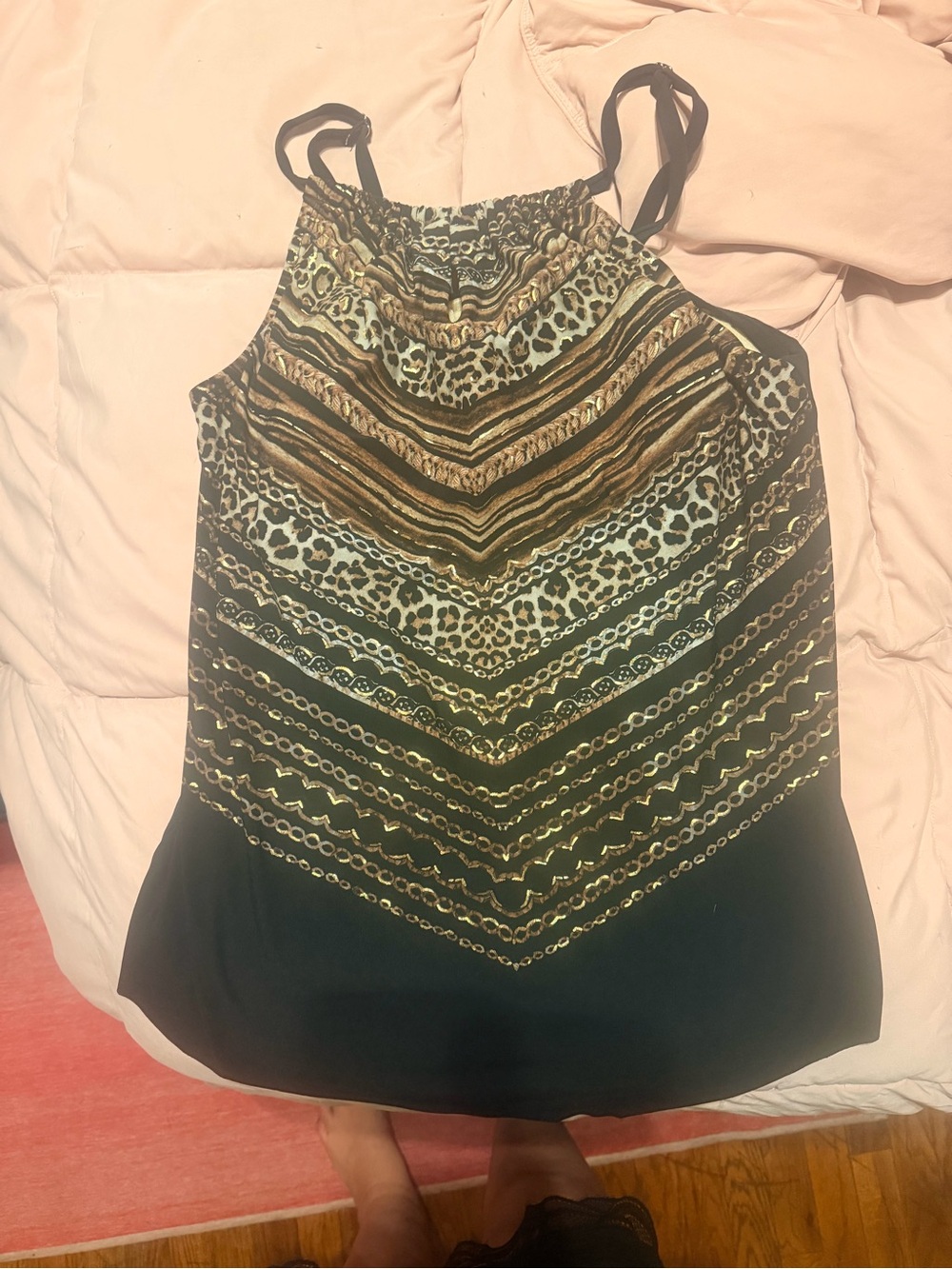 Women’s Black swim Tank Top with Gold & Brown Animal Print - Brand